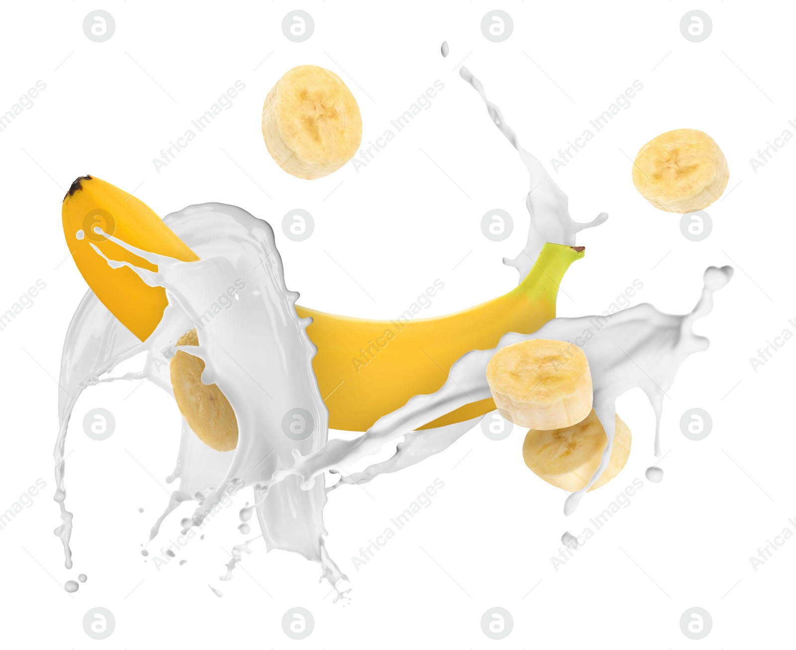 Splash of milk with banana and pieces in air on white background Image of Splash of milk with banana and pieces in air on white background