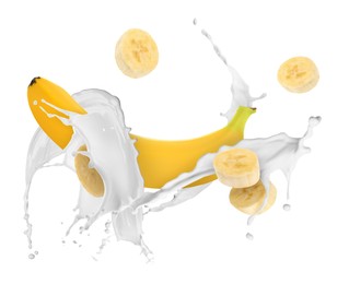 Image of Splash of milk with banana and pieces in air on white background