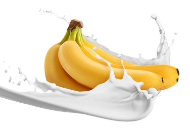 Image of Splash of milk with bananas in air on white background