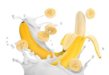 Image of Splash of milk with bananas and pieces in air on white background