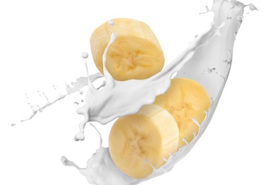 Image of Splash of milk with banana pieces in air on white background