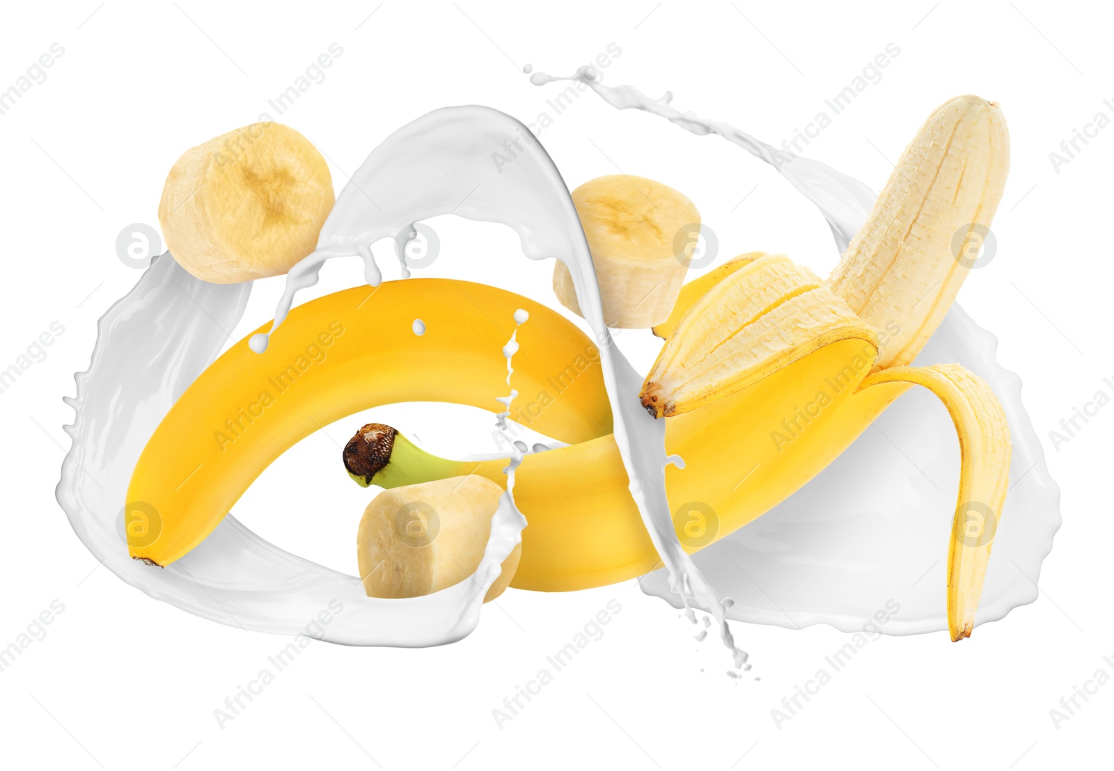 Splash of milk with bananas and pieces in air on white background Image of Splash of milk with bananas and pieces in air on white background
