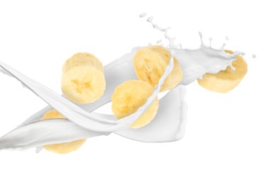 Image of Splash of milk with banana pieces in air on white background