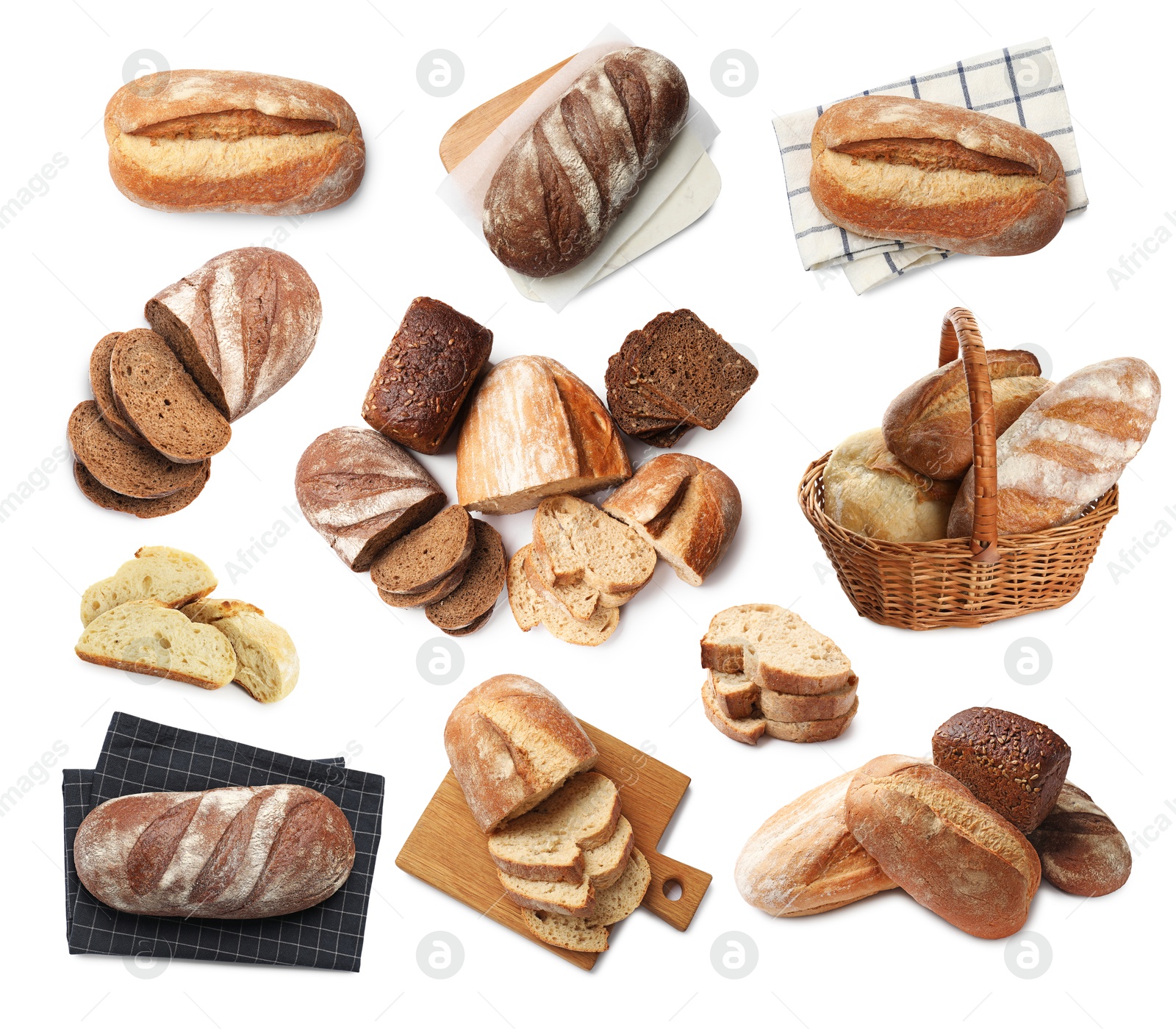 Different types of bread isolated on white, set Image of Different types of bread isolated on white, set