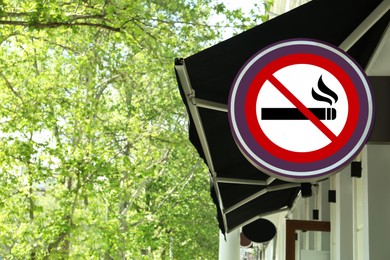Image of No Smoking sign on building wall outdoors