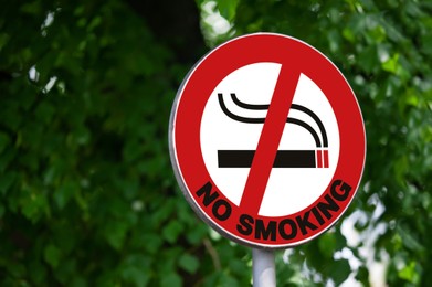 Image of No Smoking sign against tree with green leaves