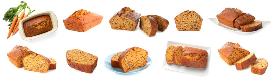 Image of Tasty carrot cake isolated on white, set