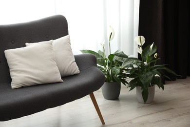 Photo of Comfortable sofa near window with elegant curtains in room