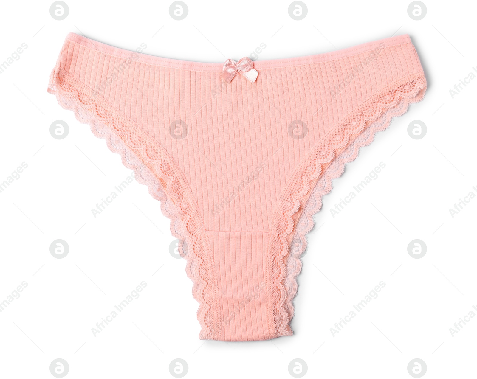 One beautiful pink panties isolated on white, top view Photo of One beautiful pink panties isolated on white, top view