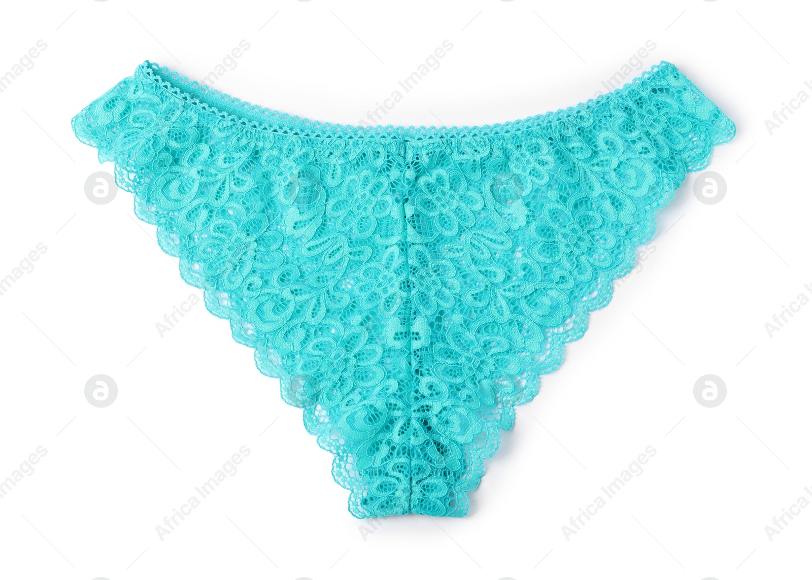 One beautiful turquoise panties isolated on white, top view Photo of One beautiful turquoise panties isolated on white, top view