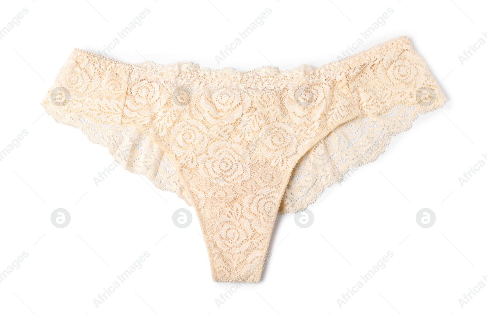 One beautiful beige panties isolated on white, top view Photo of One beautiful beige panties isolated on white, top view