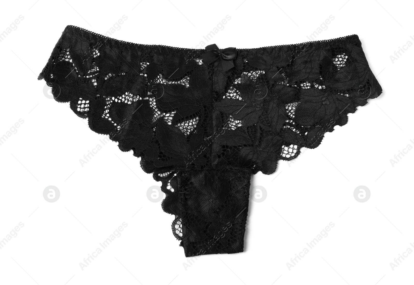 One beautiful black panties isolated on white, top view Photo of One beautiful black panties isolated on white, top view