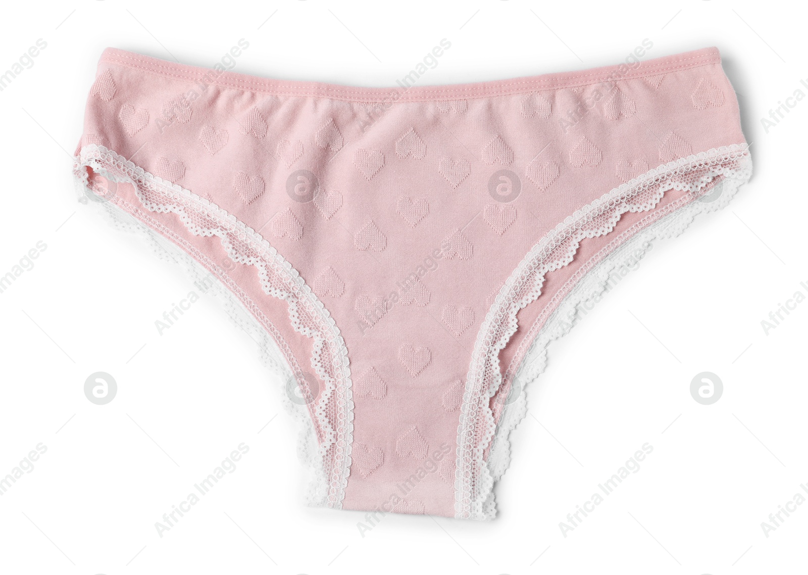 One beautiful pink panties isolated on white, top view Photo of One beautiful pink panties isolated on white, top view