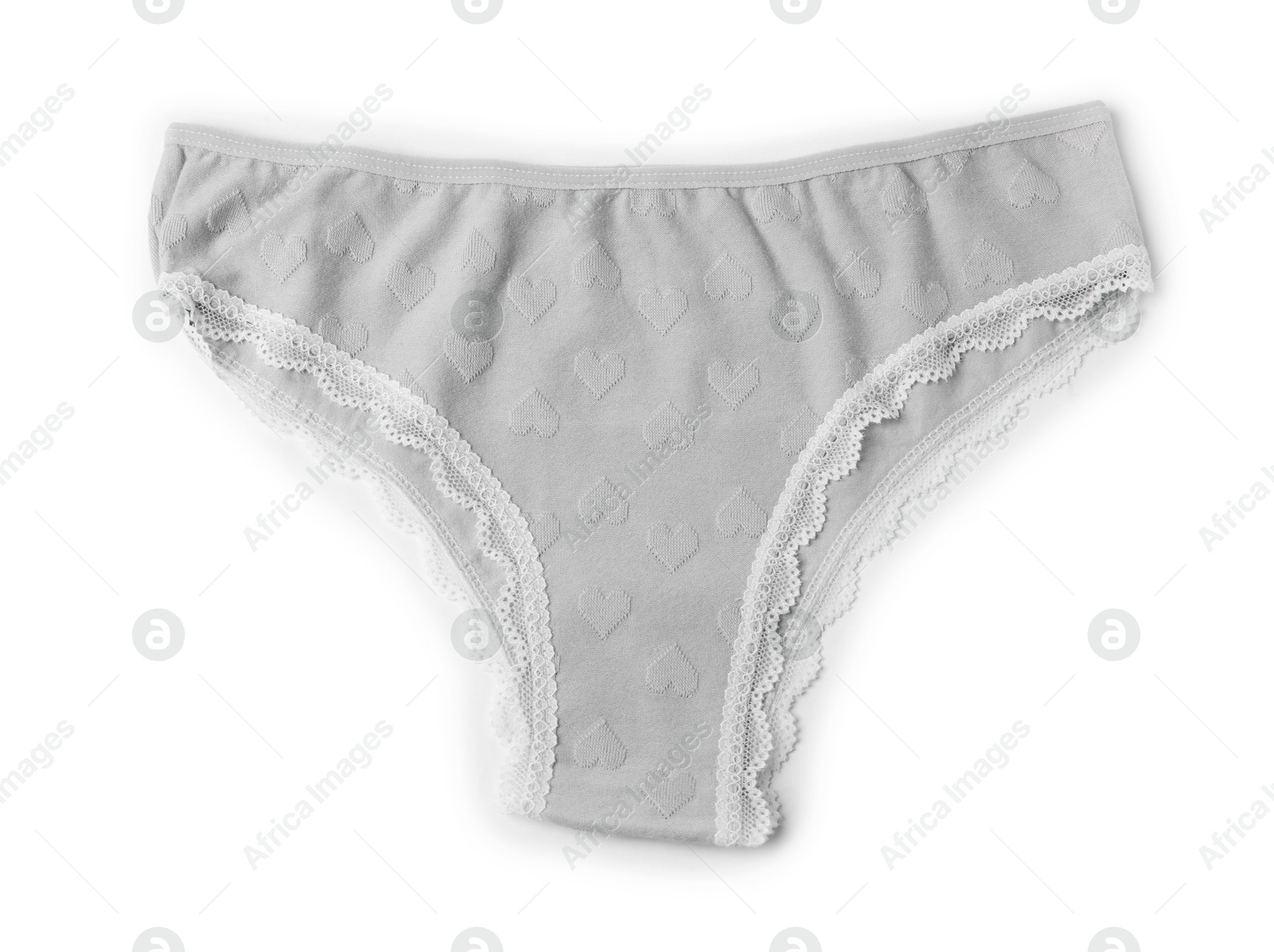 One beautiful grey panties isolated on white, top view Photo of One beautiful grey panties isolated on white, top view
