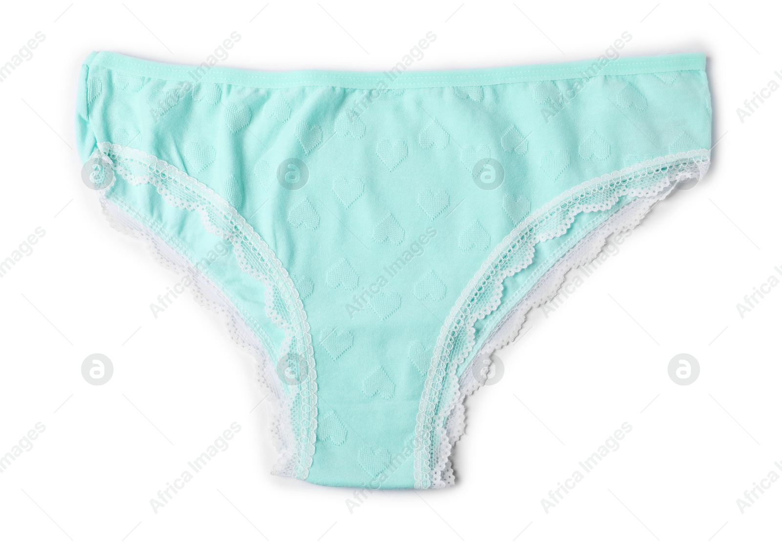 One beautiful mint panties isolated on white, top view Photo of One beautiful mint panties isolated on white, top view