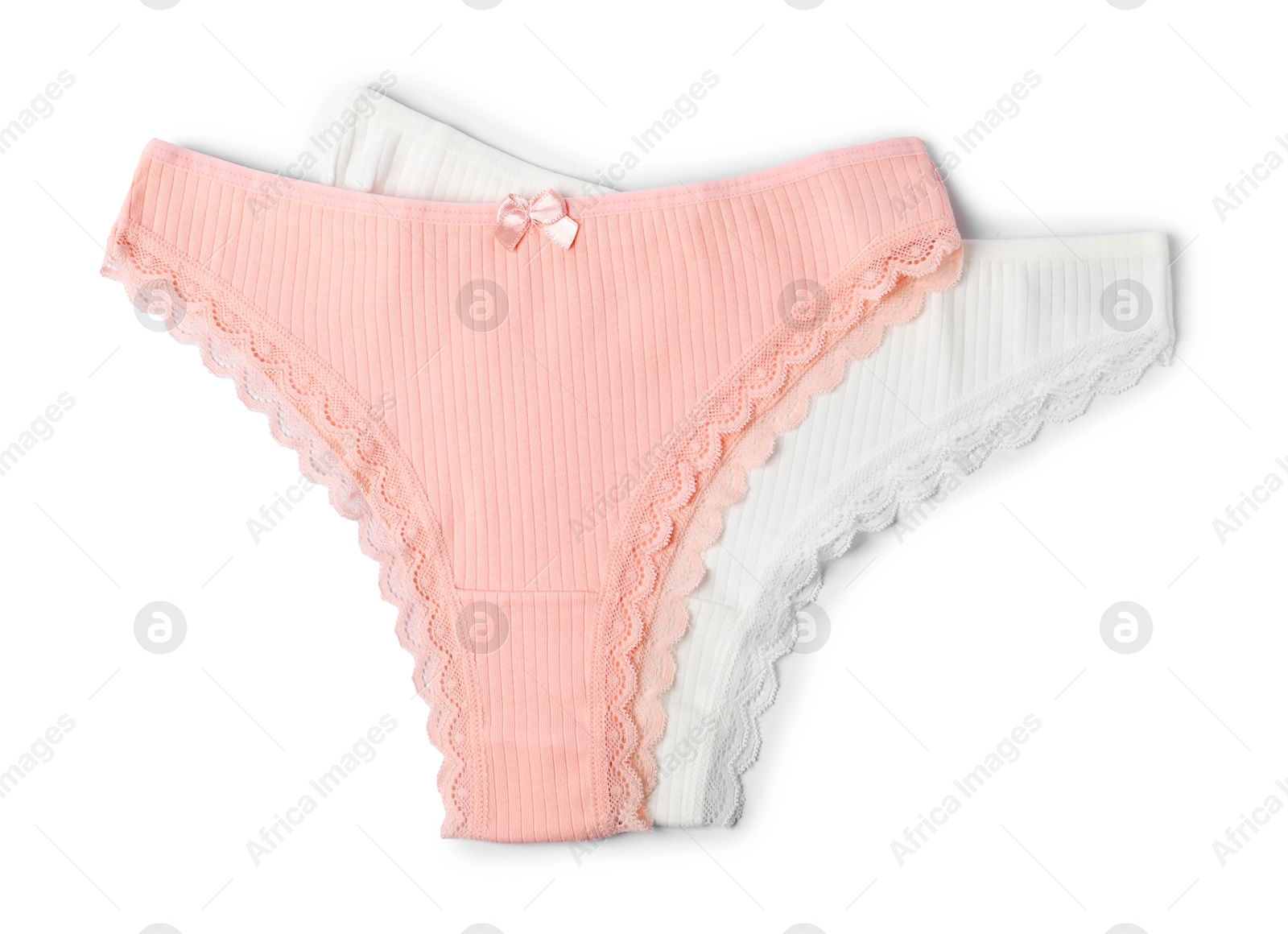 Beautiful panties isolated on white, top view Photo of Beautiful panties isolated on white, top view