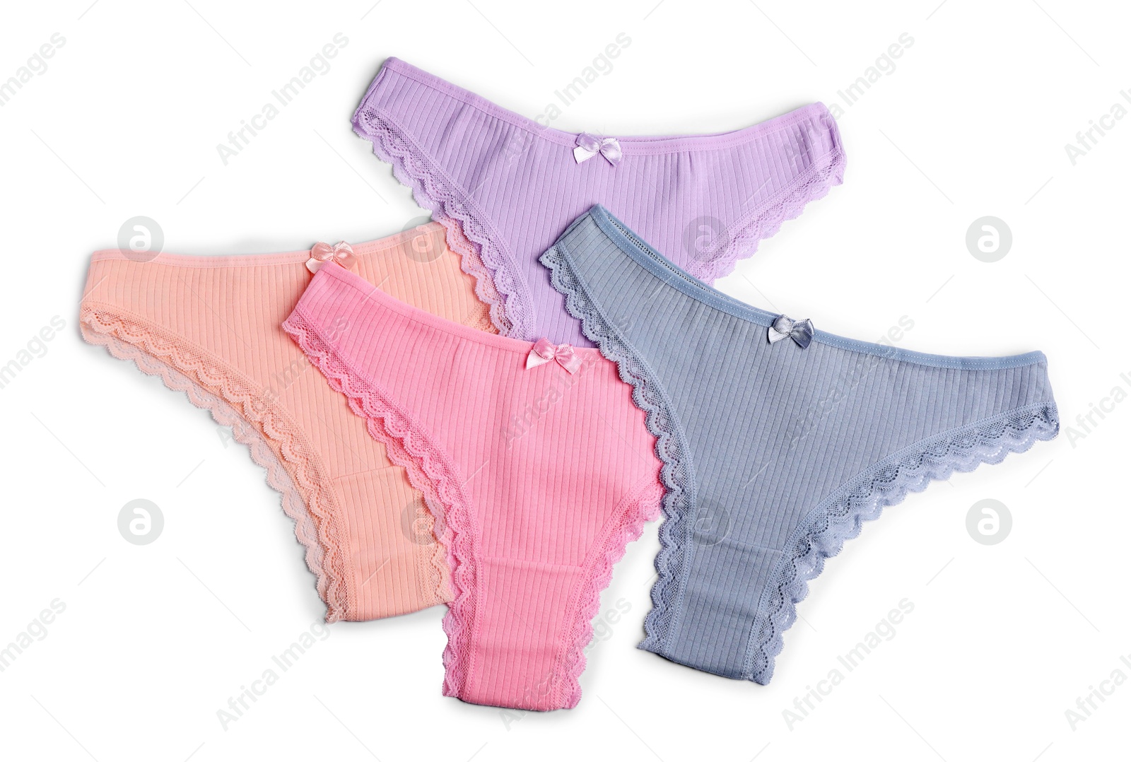 Beautiful panties isolated on white, top view Photo of Beautiful panties isolated on white, top view