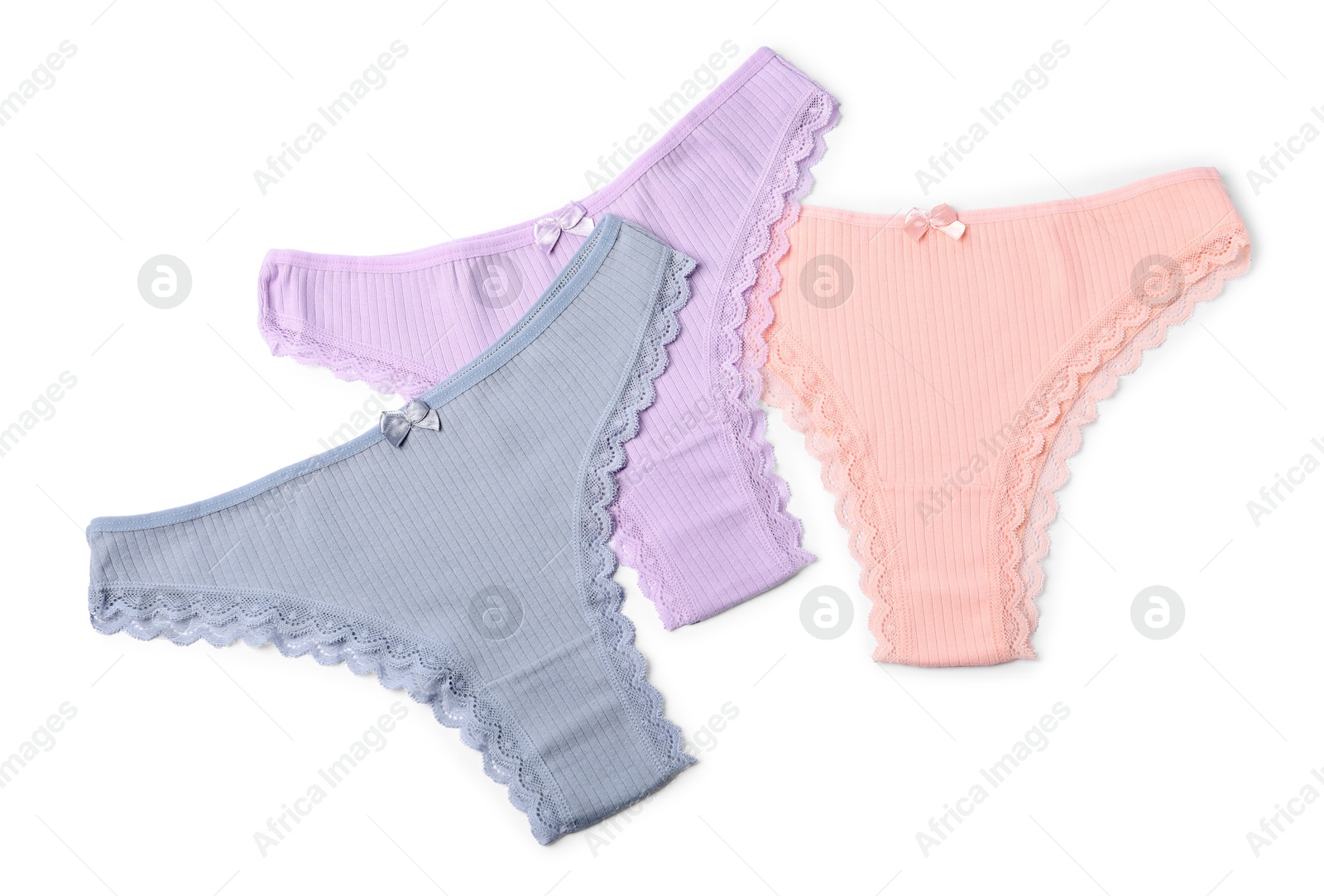 Beautiful panties isolated on white, top view Photo of Beautiful panties isolated on white, top view