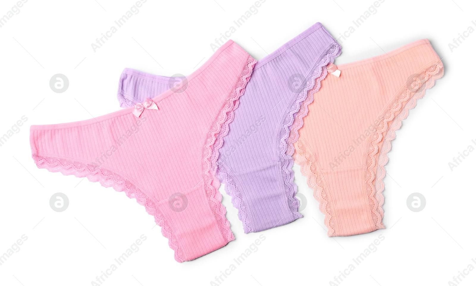 Beautiful panties isolated on white, top view Photo of Beautiful panties isolated on white, top view