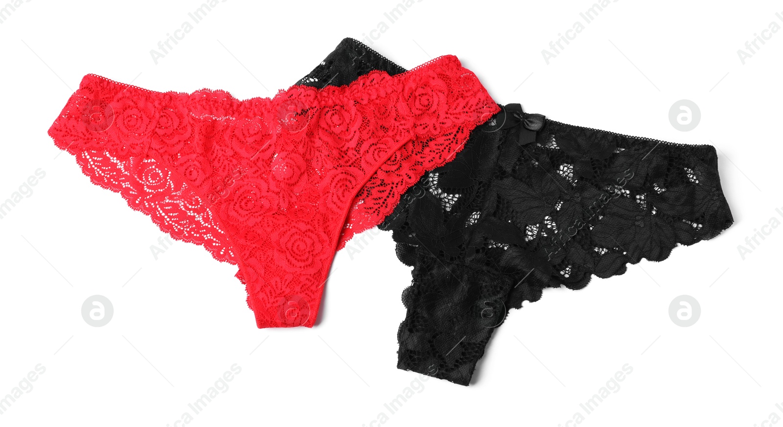 Beautiful lace panties isolated on white, top view Photo of Beautiful lace panties isolated on white, top view