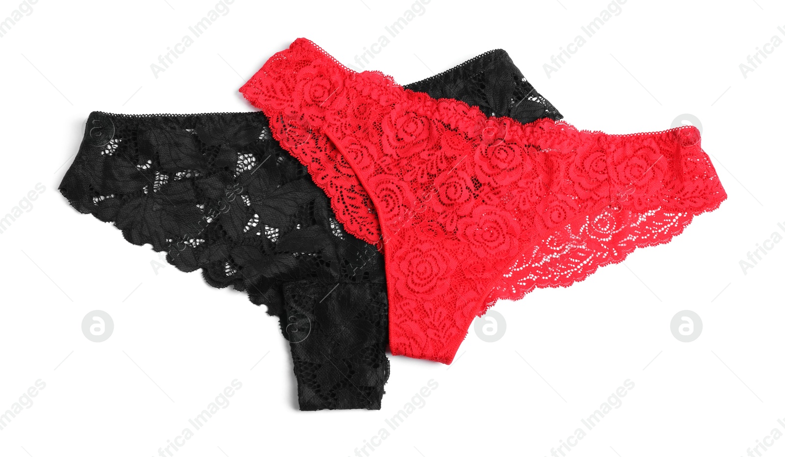 Beautiful lace panties isolated on white, top view Photo of Beautiful lace panties isolated on white, top view