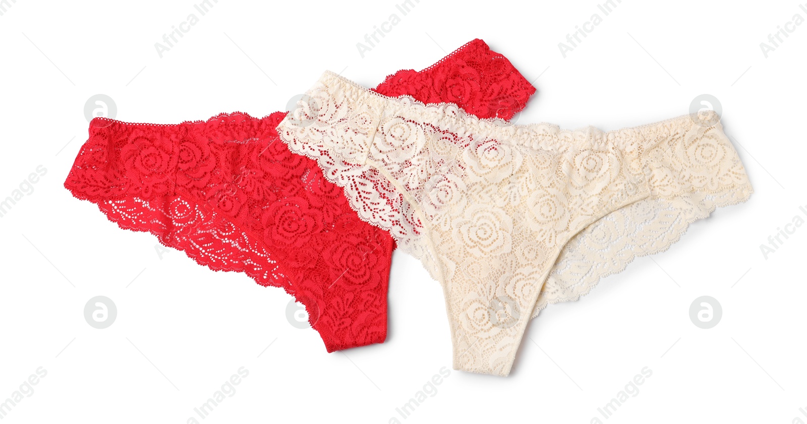 Beautiful lace panties isolated on white, top view Photo of Beautiful lace panties isolated on white, top view