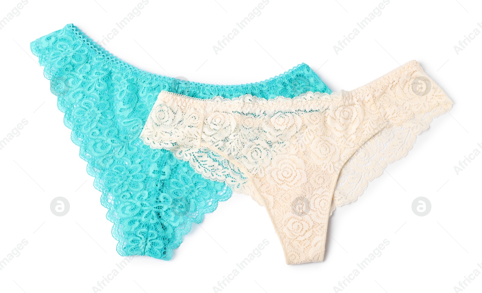 Beautiful lace panties isolated on white, top view Photo of Beautiful lace panties isolated on white, top view