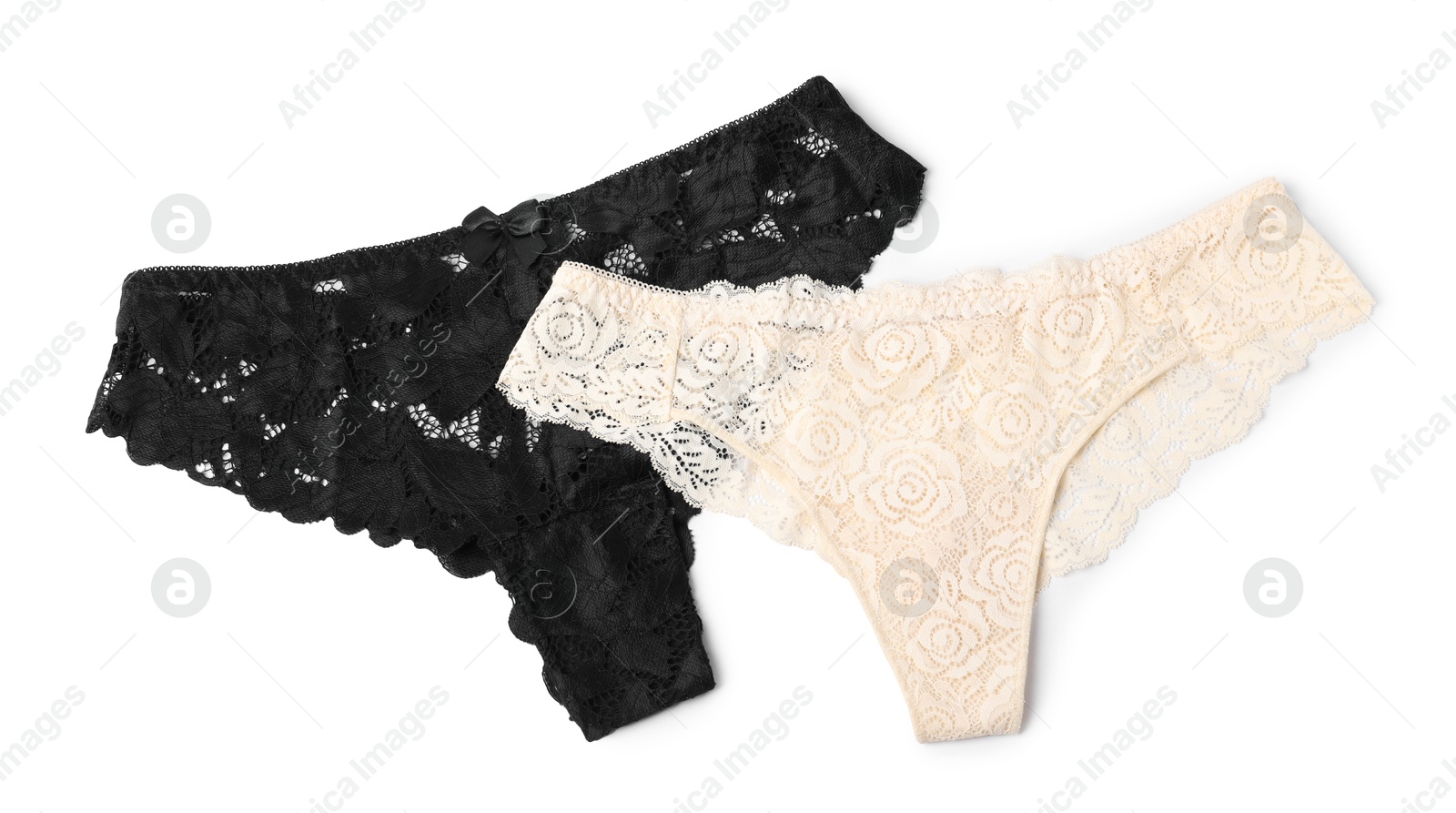 Beautiful lace panties isolated on white, top view Photo of Beautiful lace panties isolated on white, top view