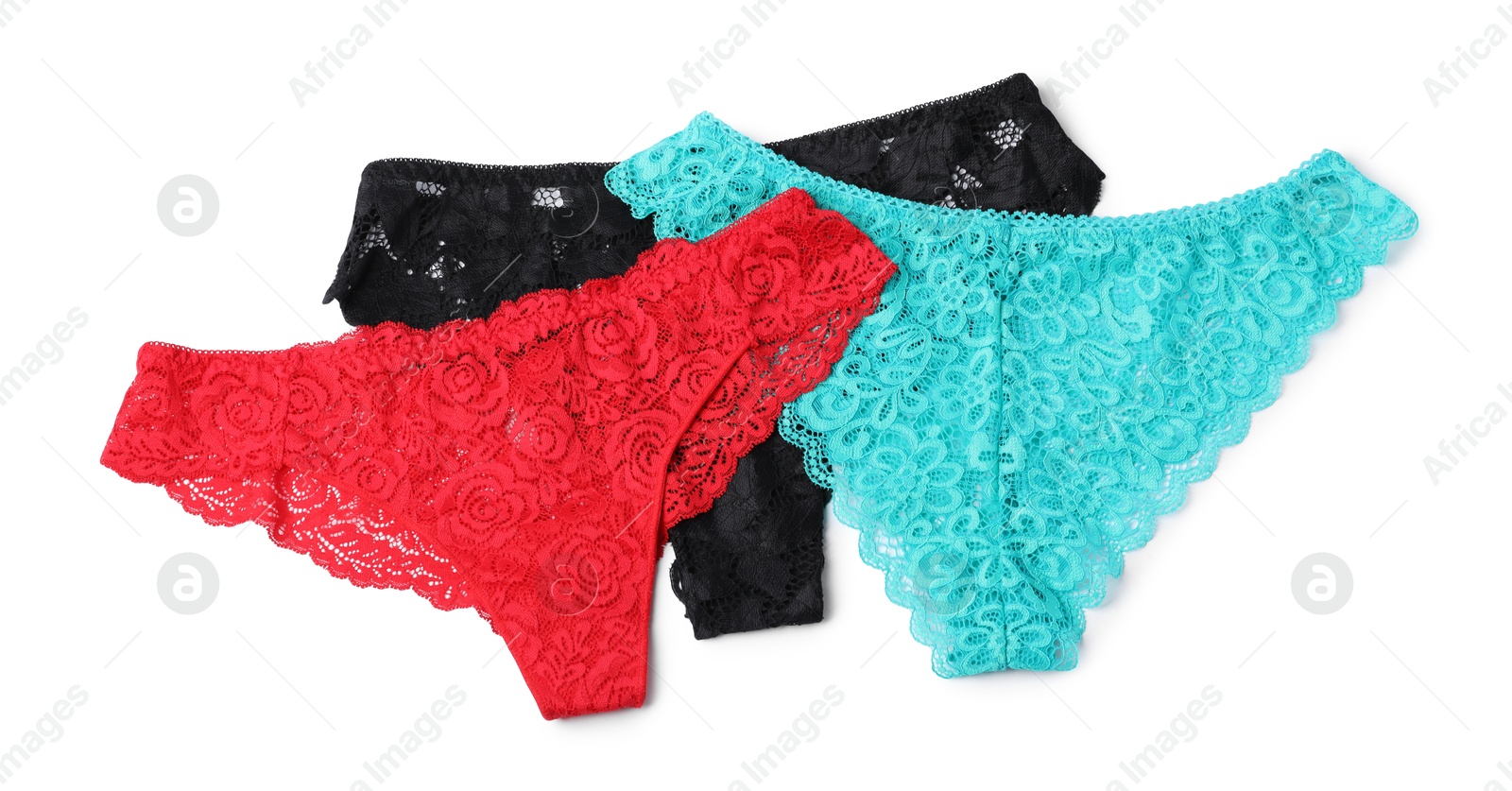 Beautiful lace panties isolated on white, top view Photo of Beautiful lace panties isolated on white, top view
