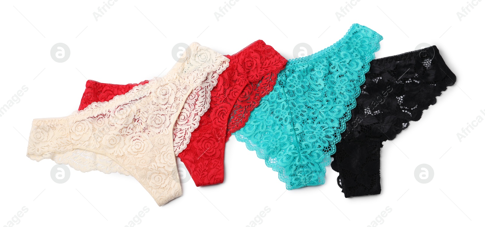 Beautiful lace panties isolated on white, top view Photo of Beautiful lace panties isolated on white, top view