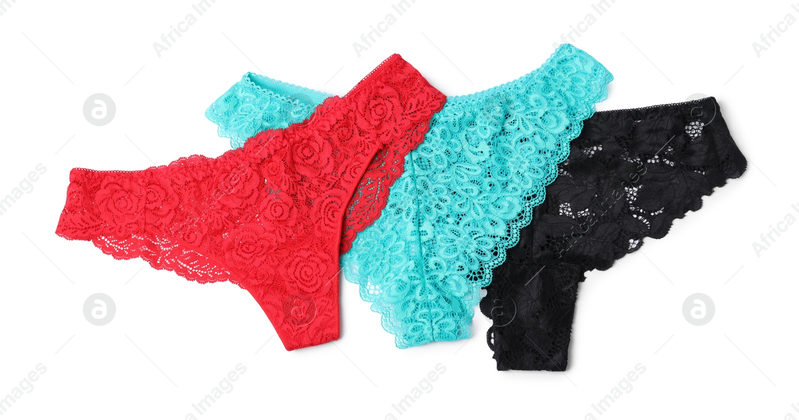 Beautiful lace panties isolated on white, top view Photo of Beautiful lace panties isolated on white, top view