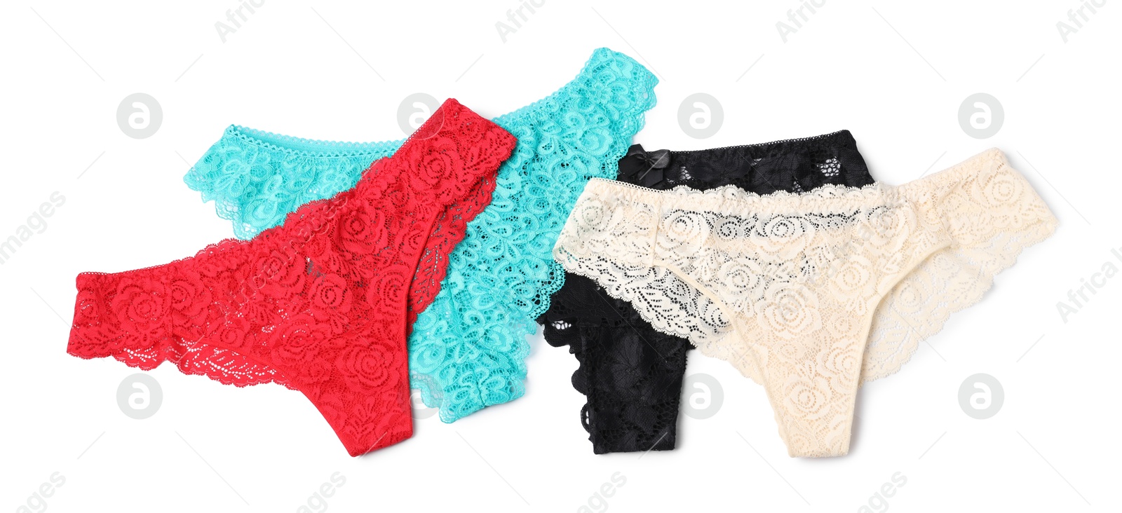 Beautiful lace panties isolated on white, top view Photo of Beautiful lace panties isolated on white, top view