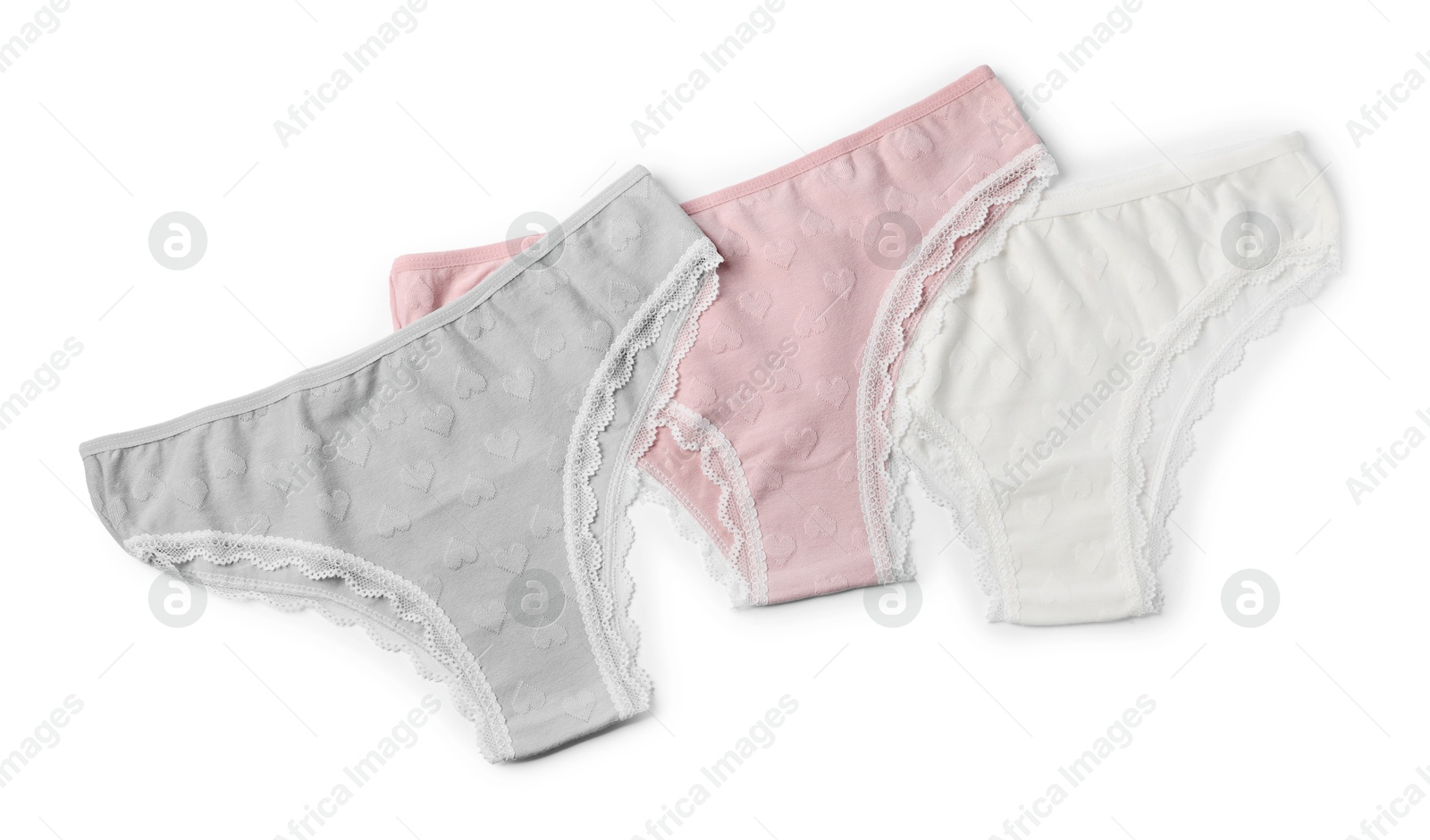 Beautiful panties isolated on white, top view Photo of Beautiful panties isolated on white, top view