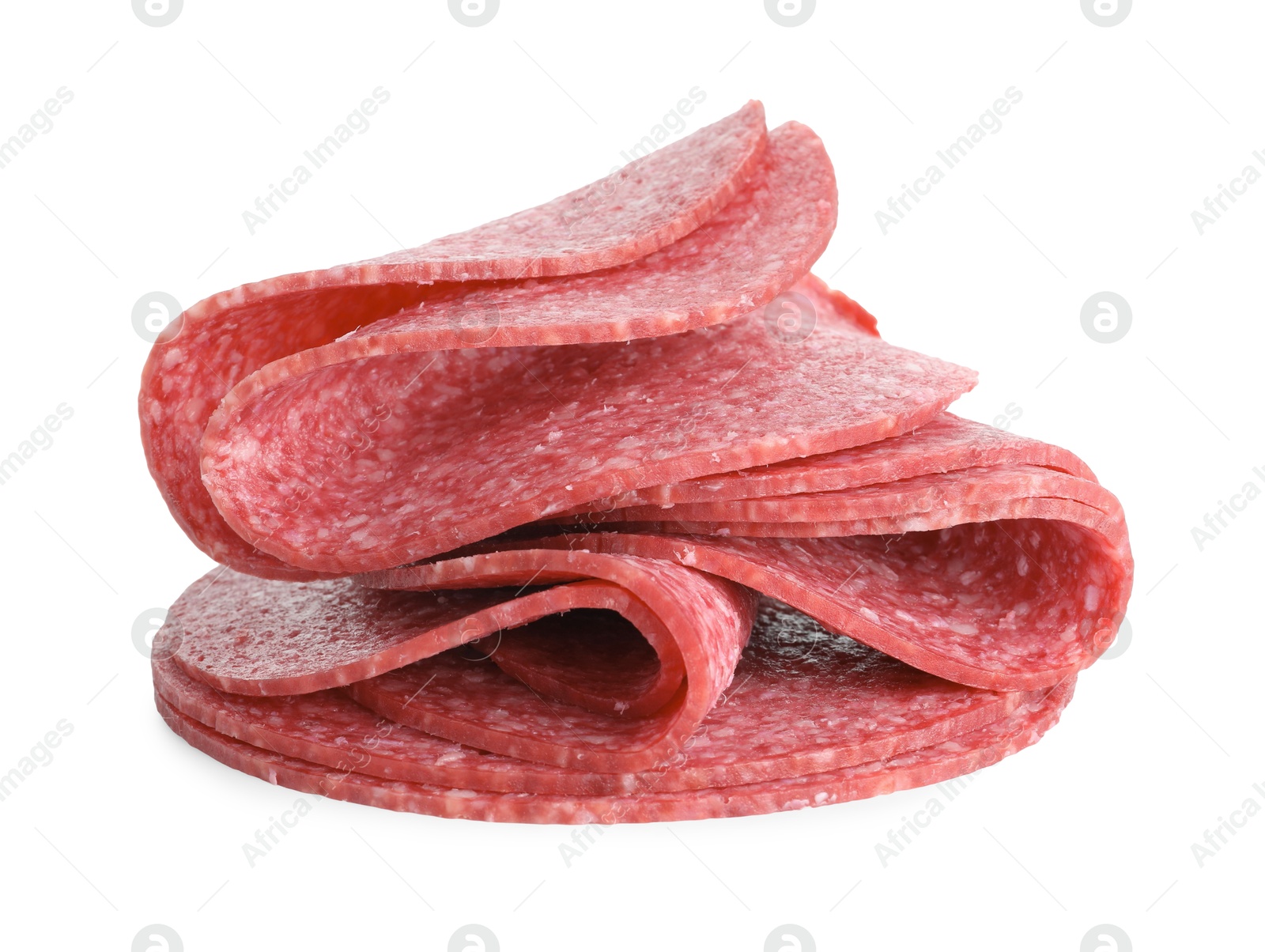 Slices of tasty smoked sausage isolated on white Photo of Slices of tasty smoked sausage isolated on white