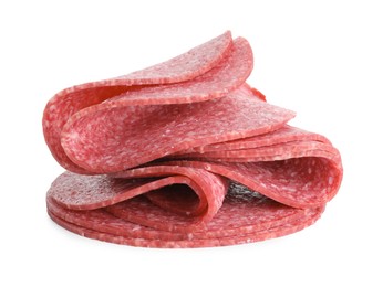Photo of Slices of tasty smoked sausage isolated on white