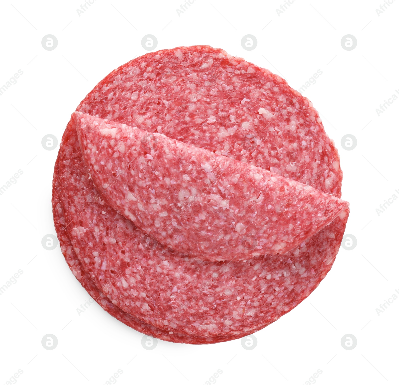 Slices of tasty smoked sausage isolated on white, top view Photo of Slices of tasty smoked sausage isolated on white, top view