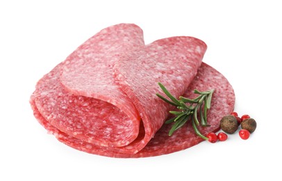 Photo of Slices of tasty smoked sausage with spices isolated on white