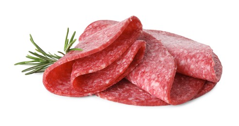 Photo of Slices of tasty smoked sausage with rosemary isolated on white