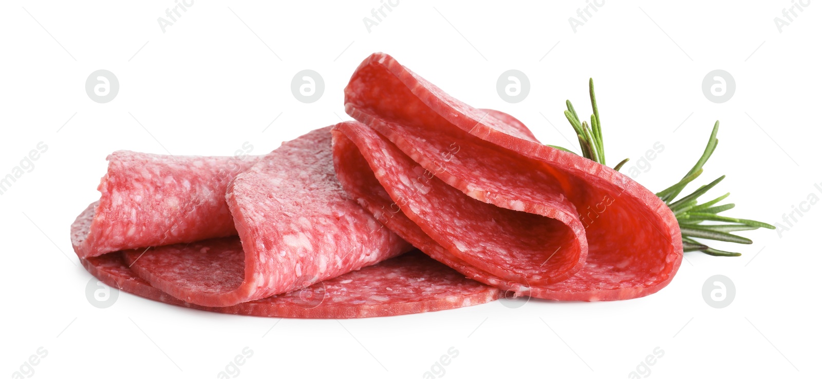 Slices of tasty smoked sausage with rosemary isolated on white Photo of Slices of tasty smoked sausage with rosemary isolated on white