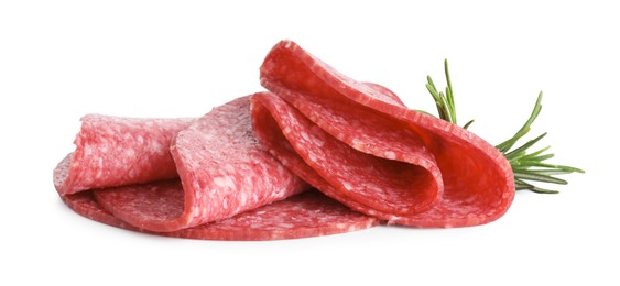 Photo of Slices of tasty smoked sausage with rosemary isolated on white