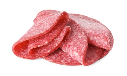 Photo of Slices of tasty smoked sausage isolated on white