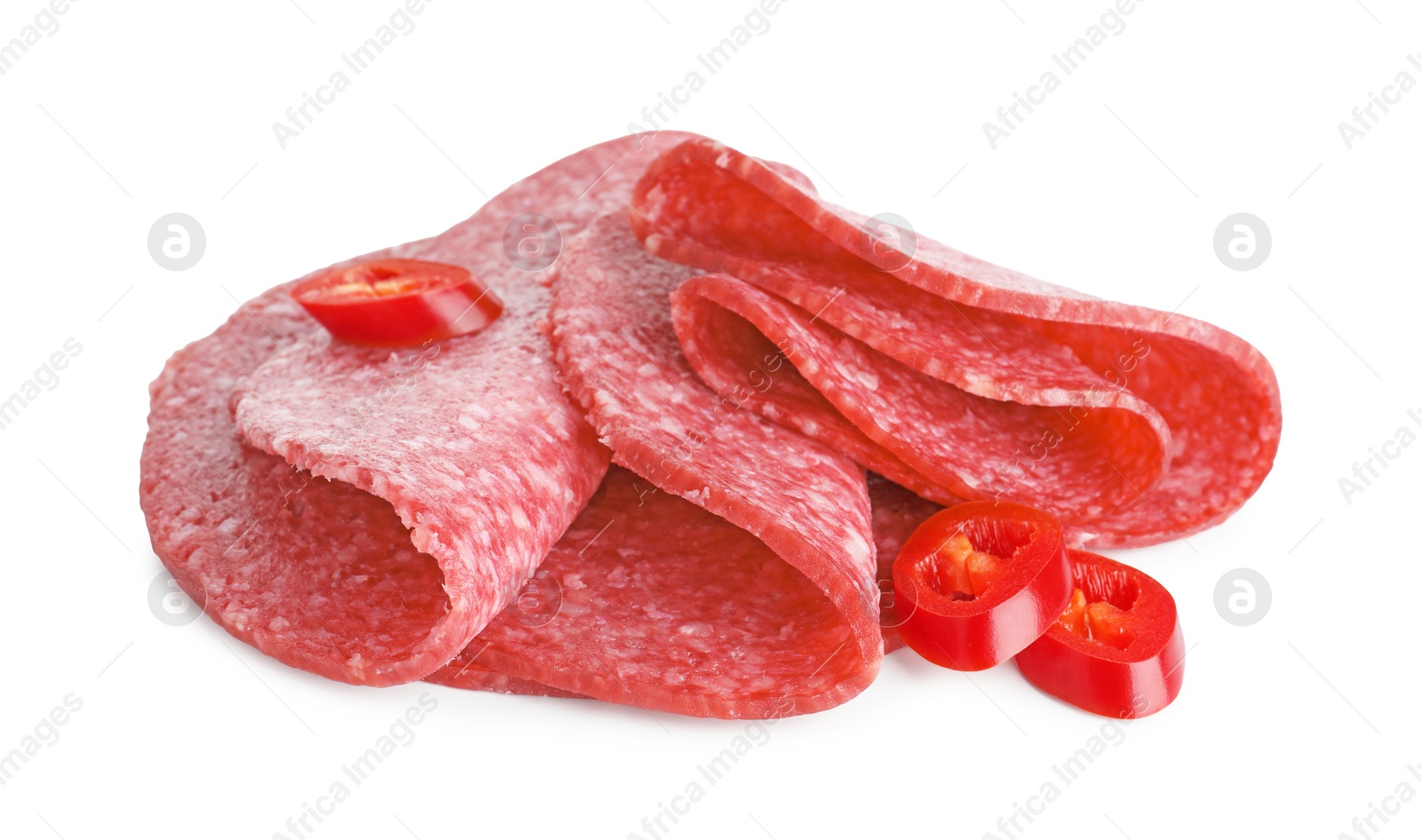 Photo of Slices of tasty smoked sausage and chili pepper isolated on white