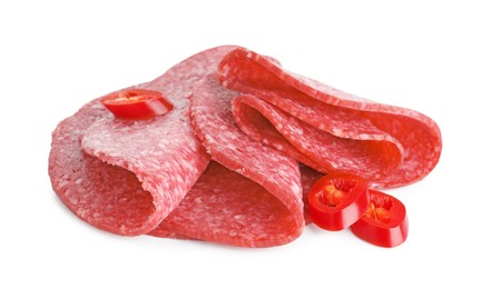 Photo of Slices of tasty smoked sausage and chili pepper isolated on white