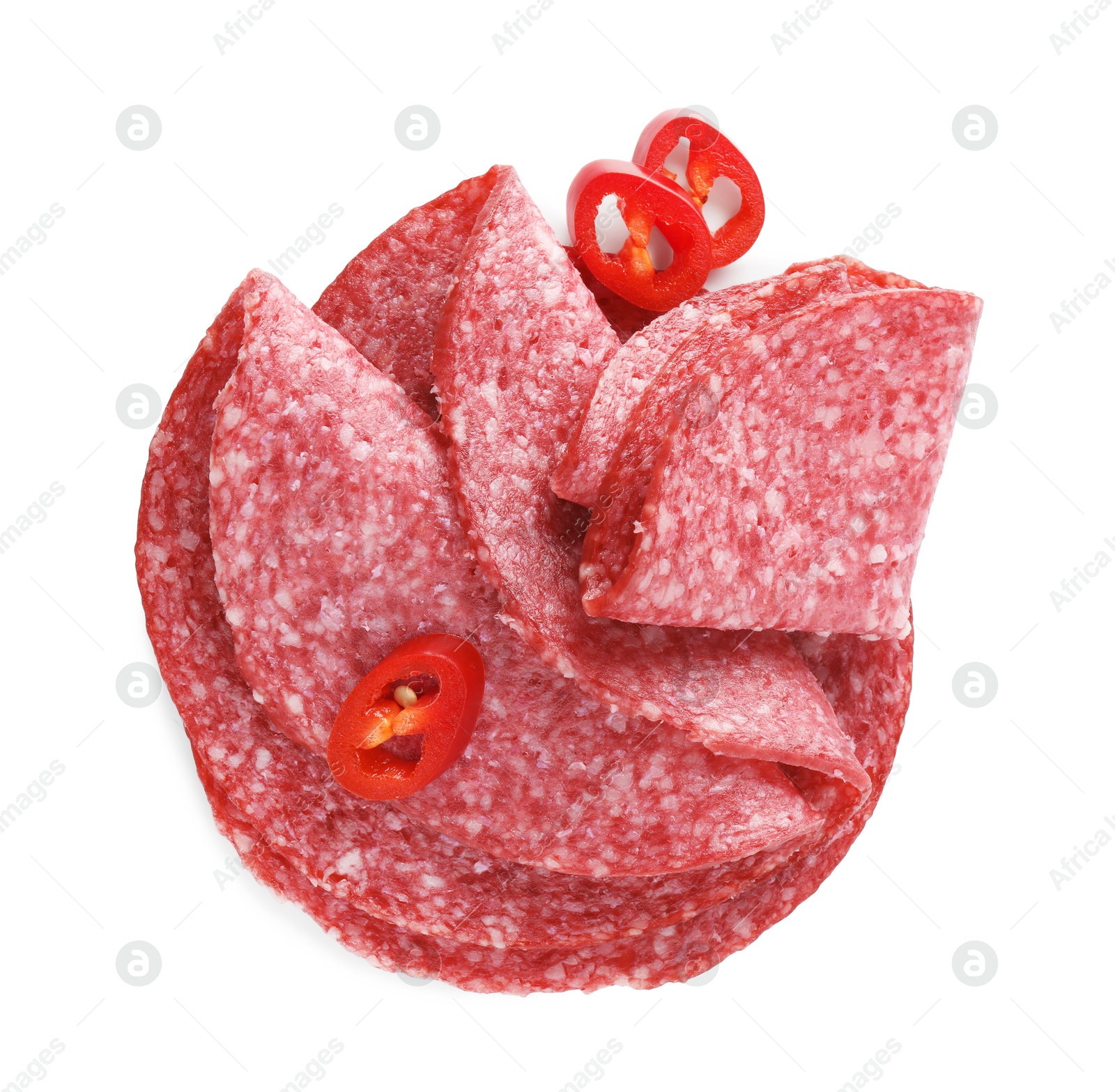 Photo of Slices of tasty smoked sausage and chili pepper isolated on white, top view