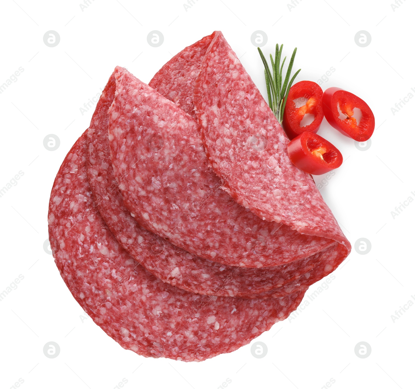 Photo of Slices of tasty smoked sausage, rosemary and chili pepper isolated on white, top view