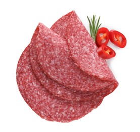 Photo of Slices of tasty smoked sausage, rosemary and chili pepper isolated on white, top view