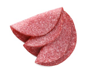 Photo of Slices of tasty smoked sausage isolated on white, top view