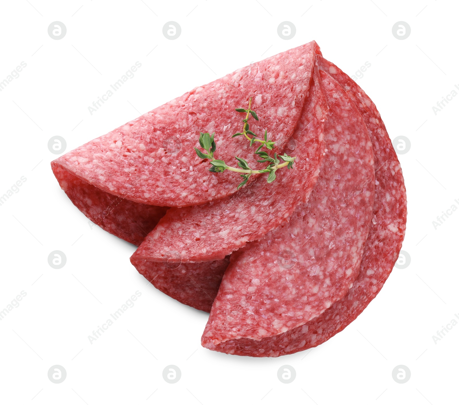 Slices of tasty smoked sausage with thyme isolated on white, top view Photo of Slices of tasty smoked sausage with thyme isolated on white, top view