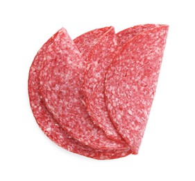 Photo of Slices of tasty smoked sausage isolated on white, top view