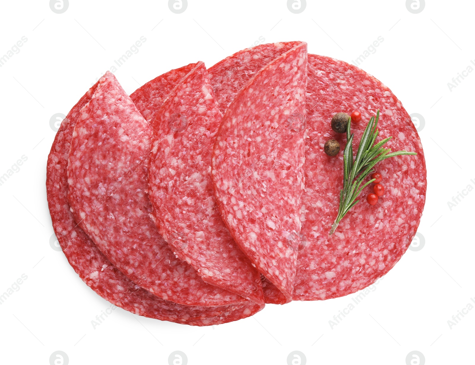 Photo of Slices of tasty smoked sausage with spices isolated on white, top view